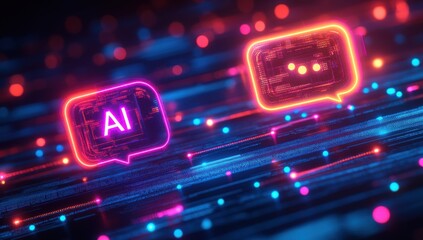Obraz premium Futuristic Digital Conversation with Neon AI and Chat Symbols, Representing Artificial Intelligence and Communication Technology Innovations