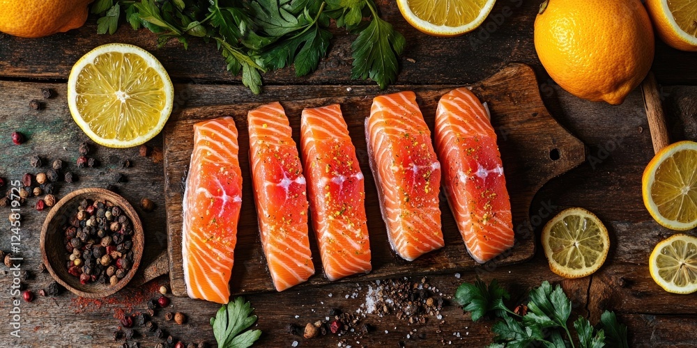 Poster fresh salmon fillets arranged on a wooden cutting board with lemon slices and herbs surrounding them