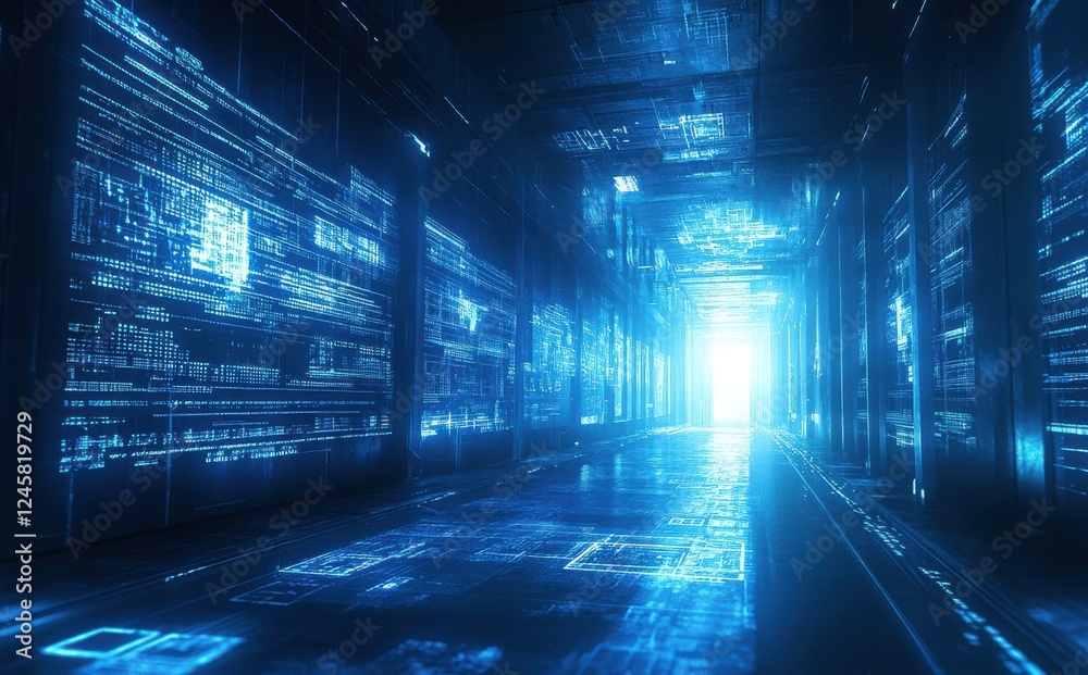 Poster futuristic digital corridor illuminated by bright light with abstract data streams and glowing lines