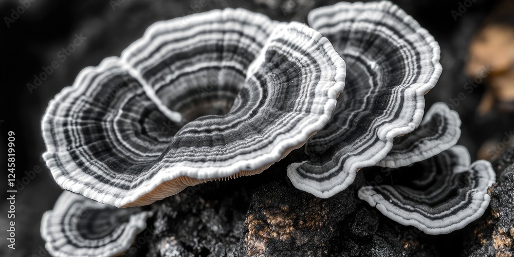 Poster black and white striped mushrooms on dark textured surface showcasing concentric growth patterns wit