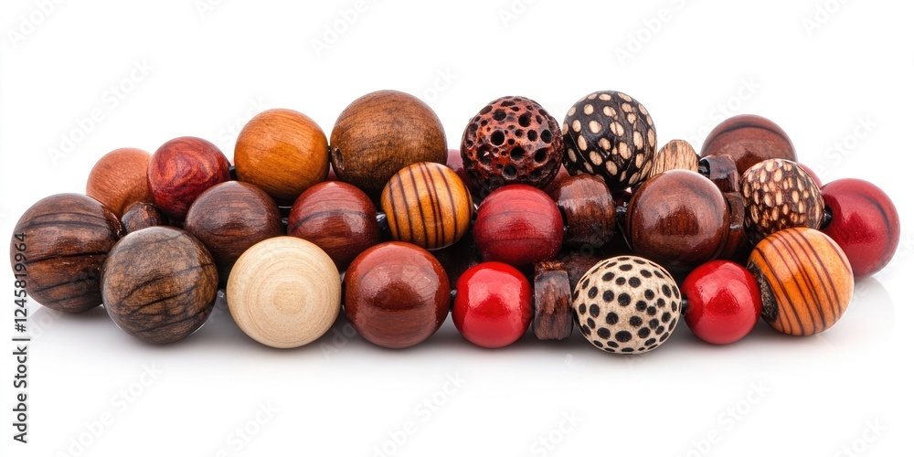 Poster Colorful assortment of wooden beads in various sizes and patterns arranged horizontally with red and natural tones prominently featured.