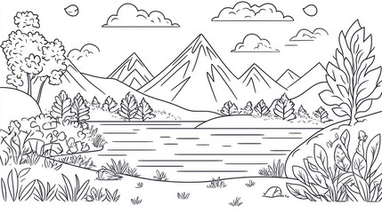 Serene lake, majestic mountains, peaceful nature; coloring page