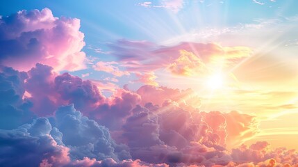 Serene sunset panorama  a soft sky with pink clouds and radiant sun rays illuminating the horizon