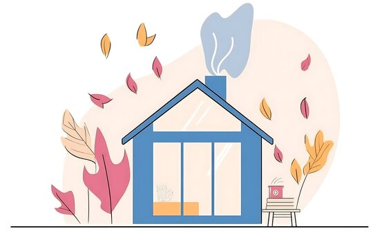 blue house with smoke and autumn leaves clip art preview