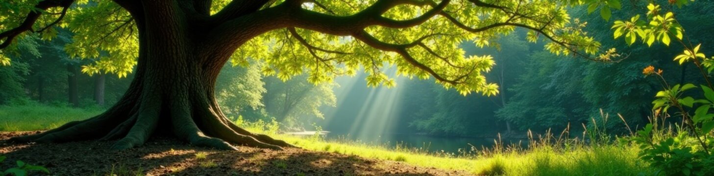 Arbol de encinas con tronco grueso y ramas espinosas, ramas espinosas, bosque, luz natural