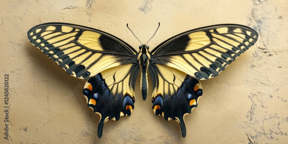 Poster vibrant swallowtail butterfly with vivid yellow and black patterns positioned symmetrically against 