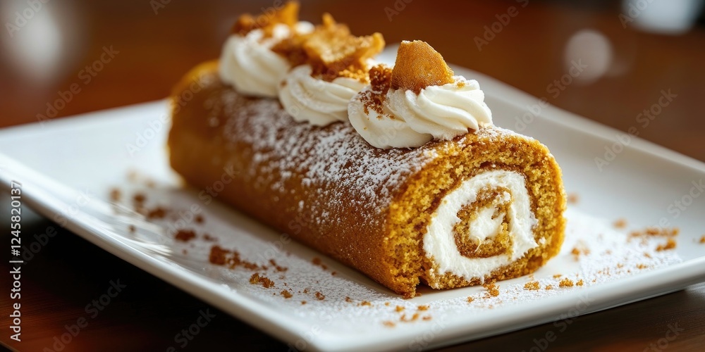 Aufkleber pumpkin roll cake with cream cheese frosting on a white plate with a blurred background and ample co