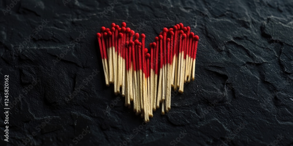 Aufkleber Heart shape created with red and wooden matchsticks on a dark textured background symbolizing love and unity in a creative layout.