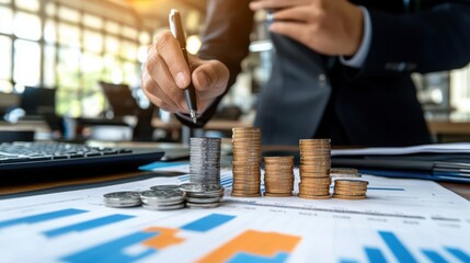 Obraz premium Professional Financial Analyst Interpreting Graphs and Charts with Coins and Charts