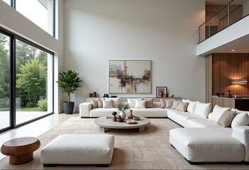 Luxury White Modern Living Room: Designer Interior, Round Coffee Table, Elegant Sofa, Lush Garden View, Abstract Art, Soft Daylight - Magazine Style Home

