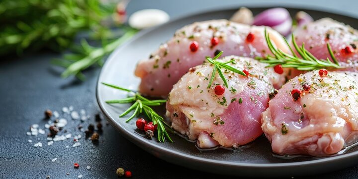 Fresh raw chicken thighs arranged on a dark plate garnished with rosemary, pink peppercorns, and Himalayan salt with herbs in background