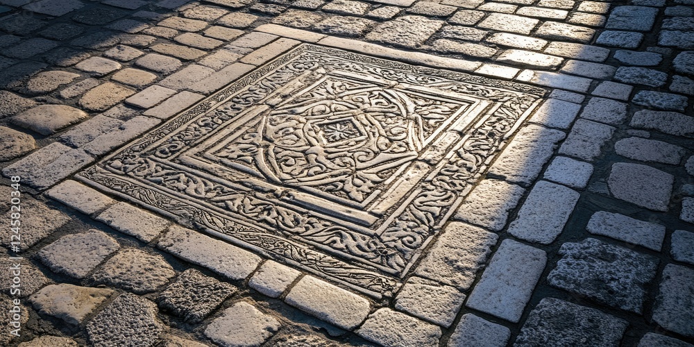 Poster Intricate stone slab featuring ornate carvings set within a cobblestone pathway, illuminated by soft natural light, highlighting textures and patterns.