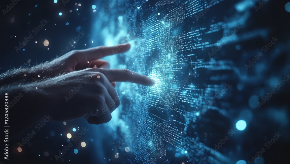 Poster futuristic digital interface with hands reaching towards glowing data, exploring advanced technology