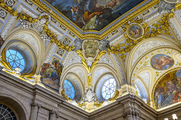Ancient decoration in the ceiling of the Royal Palace(1738-1755) lobby, Madrid, Spain