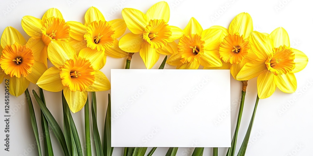 Poster yellow daffodils arranged in a line with a blank white card on a bright white background, showcasing