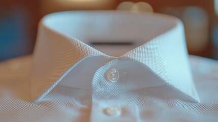 A close-up of a white shirt collar and cuffs, perfectly pressed and cleaned, resting on a flat surface with a clean background, representing professional dry cleaning services