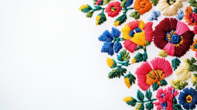 Vibrant floral embroidery art studio setting textile craft colorful design close-up creative expression