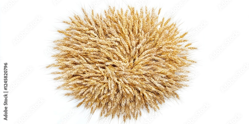 Poster golden wheat pile viewed from above positioned centrally against a clean white background showcasing