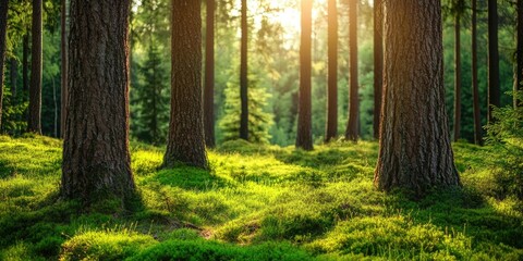 Fototapeta premium Sunlit forest scene with tall pine trees surrounded by vibrant green moss and soft underbrush, capturing serene natural beauty at dawn.