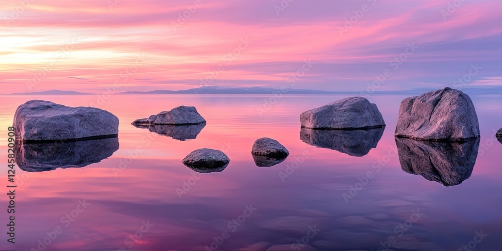 Poster serene landscape with smooth gray rocks balancing on calm reflective water, illuminated by a vibrant