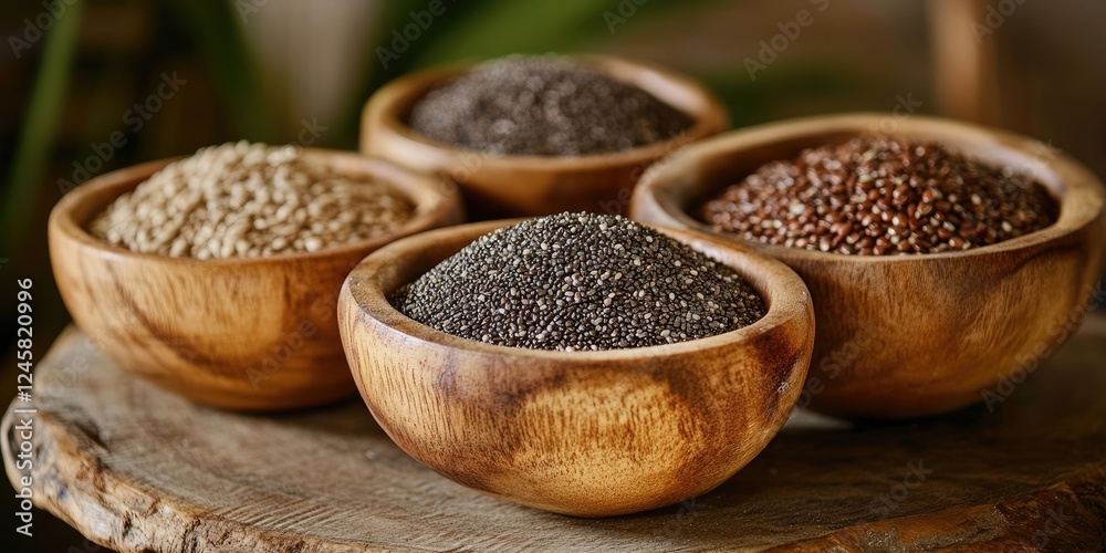 Aufkleber bowls of assorted grains including quinoa and chia seeds in organic wooden dishes arranged on a rust