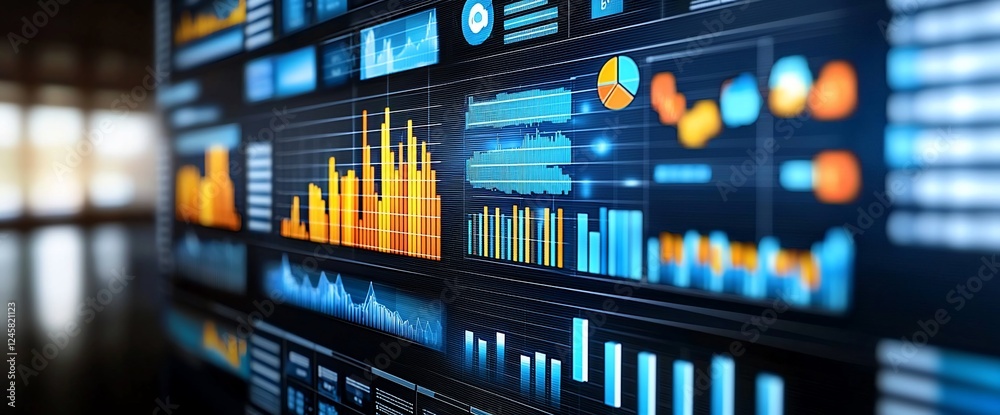 Poster financial data analysis screen shows graphs & charts. office background