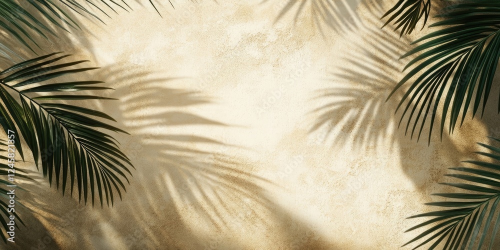 Aufkleber Lush green palm leaves cast soft shadows on a warm textured beige background creating a tranquil tropical ambiance for design use.