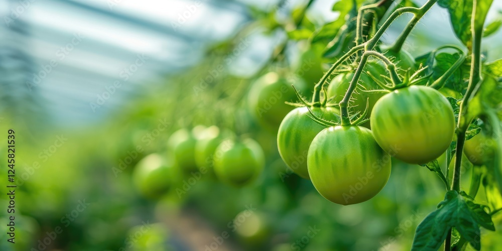 Poster Close-up of green tomatoes on branches in a greenhouse with soft focus, lush greenery in the background, ample space for text at the bottom.