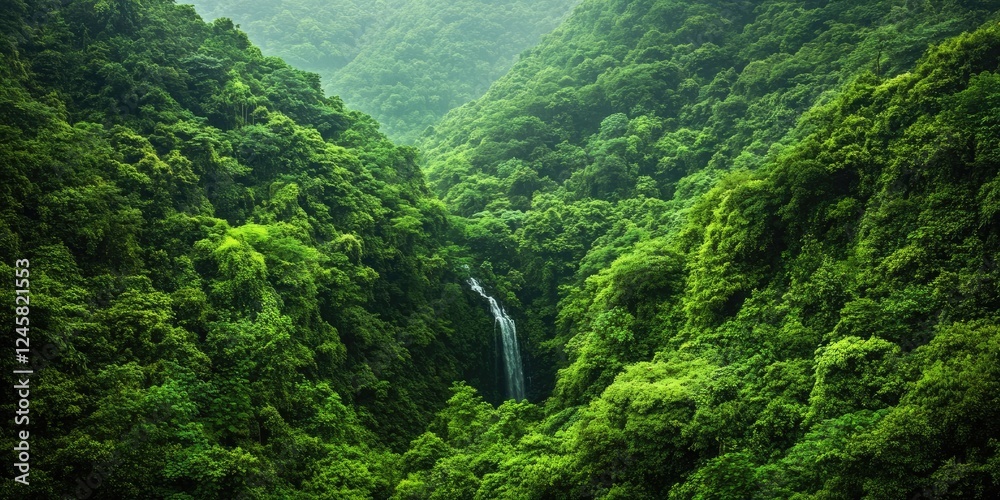 Fototapete lush green mountainous landscape with a hidden waterfall cascading through dense foliage under soft 