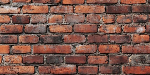 Obraz premium Weathered red brick wall texture featuring dark and light variations with a rugged finish, positioned in a uniform horizontal layout.