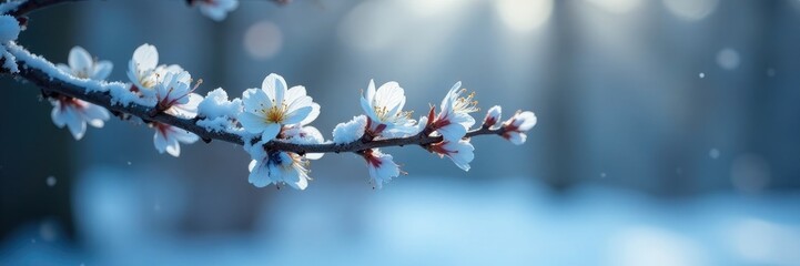 Delicate leaves and blue white flowers cling to a bare tree branch amidst the cold winter landscape, tree, branch, blue