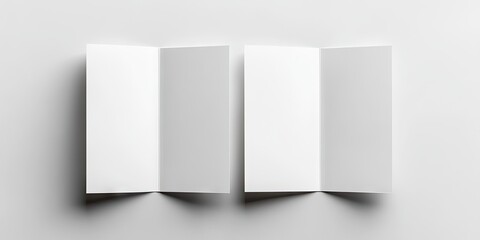 Blank white tri-fold brochure mockup displayed top view with two open booklets on light gray surface showcasing smooth texture and clean design