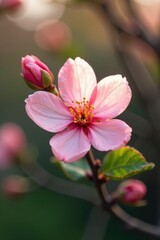Obraz premium Delicate peach blossoms unfurl on a spring morning in the garden, peach blossom spring garden, blooming flowers, floral arrangement