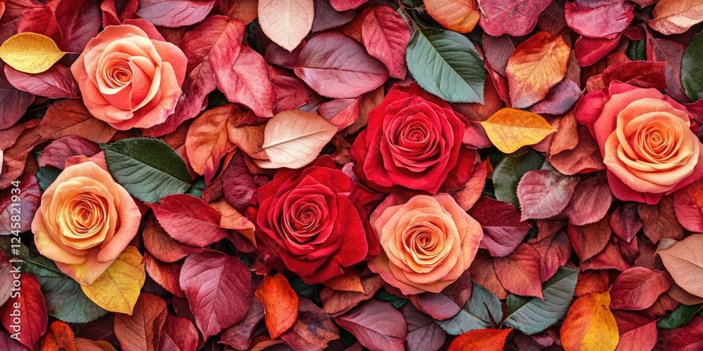 Fototapete Vibrant roses in red and peach tones surrounded by autumn leaves in various shades of red and orange with ample copy space for text integration