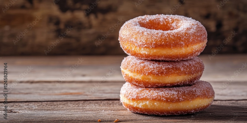 Poster stack of three golden sugar-dusted donuts on wooden surface with rustic background, showcasing warm 