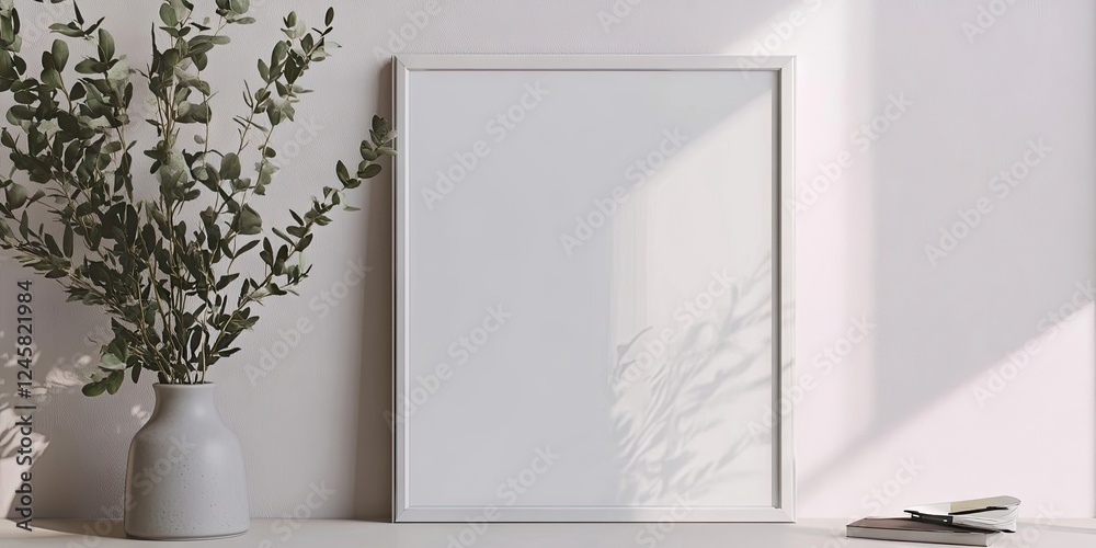 Leinwandbilder minimalist white frame mockup on a light surface with a blank sheet and vase of greenery casting sha