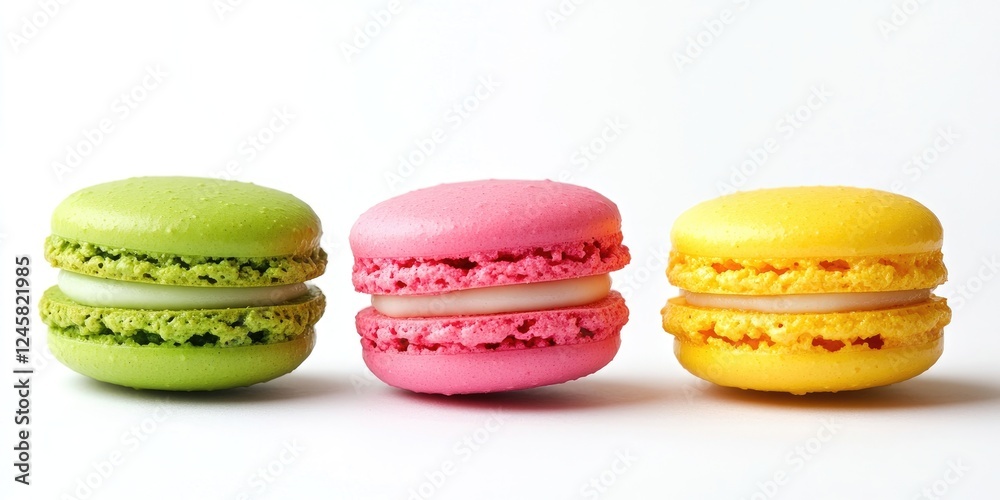 Poster vibrant green pink and yellow macaroons elegantly arranged in a row against a clean white backdrop c