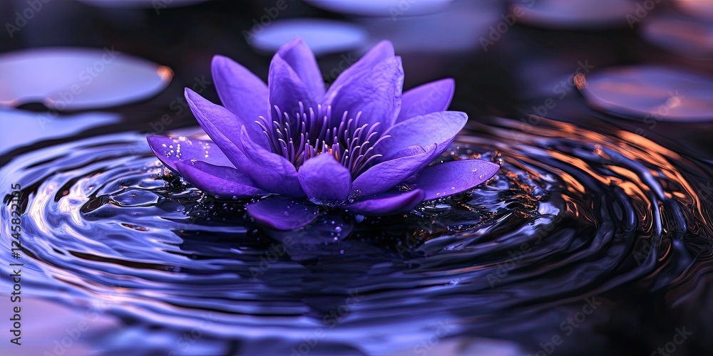 Poster purple water lily blooming in serene dark water with ripples and lily pads creating a tranquil atmos