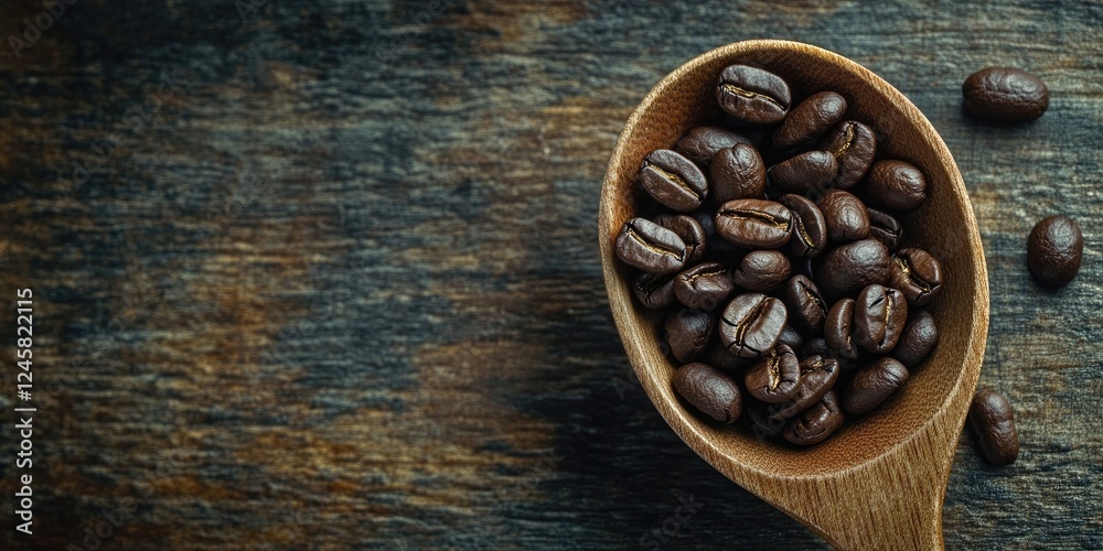 Poster Top view of dark roasted coffee beans in a wooden spoon positioned left on textured rustic wooden table background capturing rich brown tones