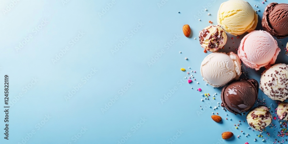 Poster Assorted ice cream scoops in various colors including chocolate and vanilla on a light blue background with sprinkles and nuts scattered around