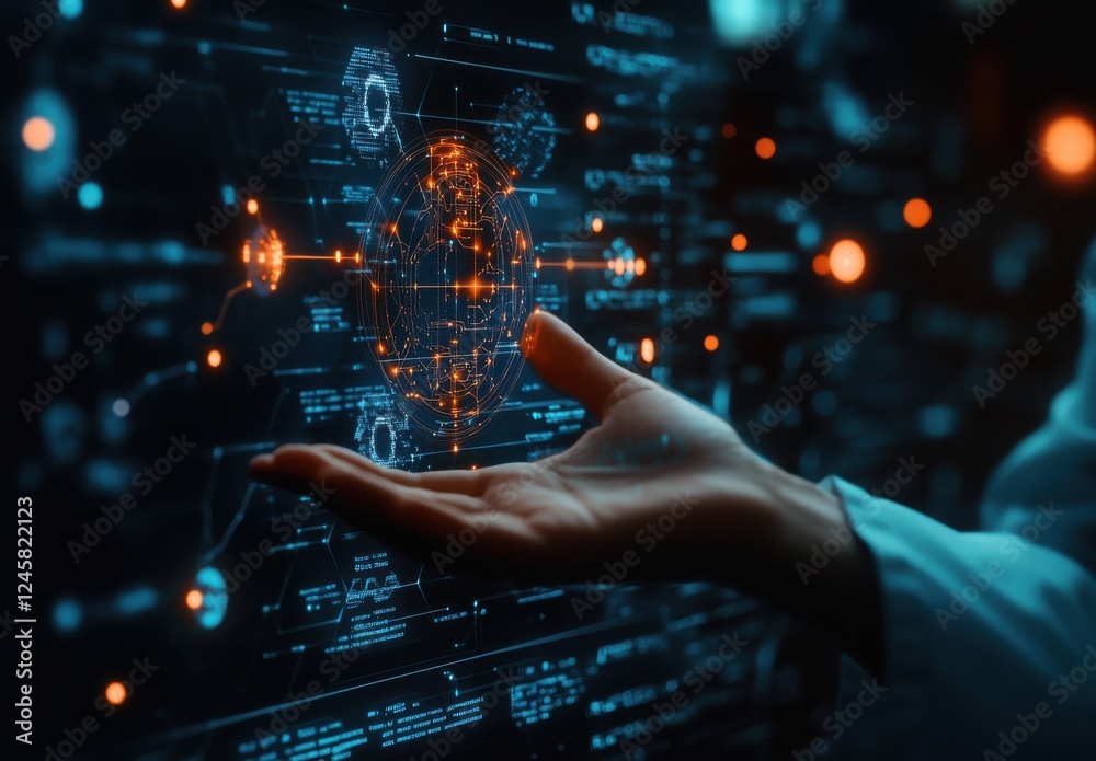 Poster futuristic hand interacting with abstract digital interface displaying data points and connections i