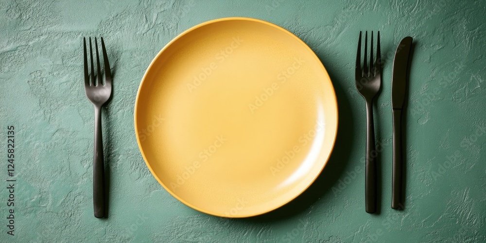 Poster Top view of a vibrant yellow plate centered with black cutlery on a textured stone green background creating a modern dining setup.