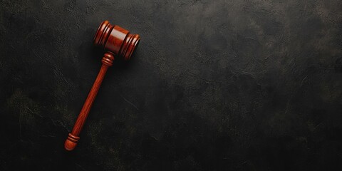Top view of a wooden judge's gavel positioned diagonally on a dark textured background with ample copy space in the bottom right corner