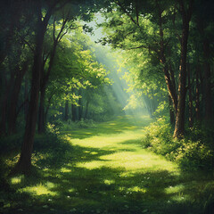 Sunlit Forest Path: A serene path winds through a vibrant forest bathed in sunlight, creating a sense of peace and inviting exploration. Capturing the essence of natural beauty and tranquility.