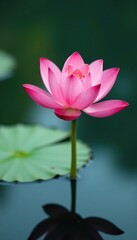 Obraz premium Delicate petal unfurls on tranquil lake surface, nature, botanical, lotus