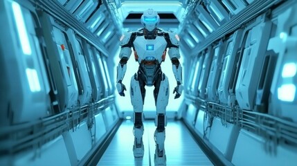 Futuristic robot sentinel on guard sci-fi corridor digital art high-tech environment perspective view security concept