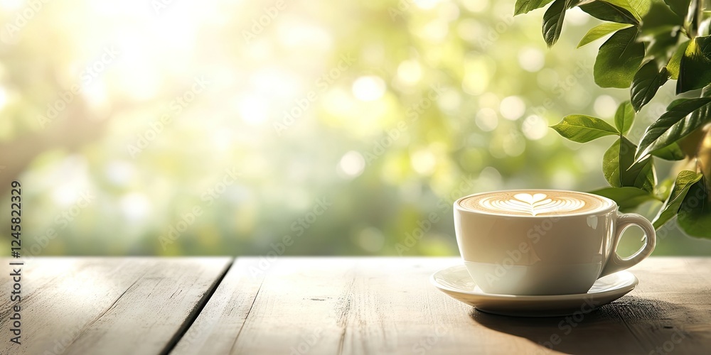 Poster latte art in a white coffee cup on a wooden table with green blurred nature bokeh background and sof