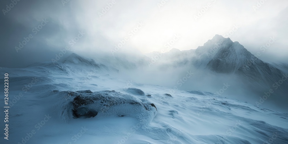 Poster misty snow-covered mountains under soft light with muted gray and white hues creating a tranquil win