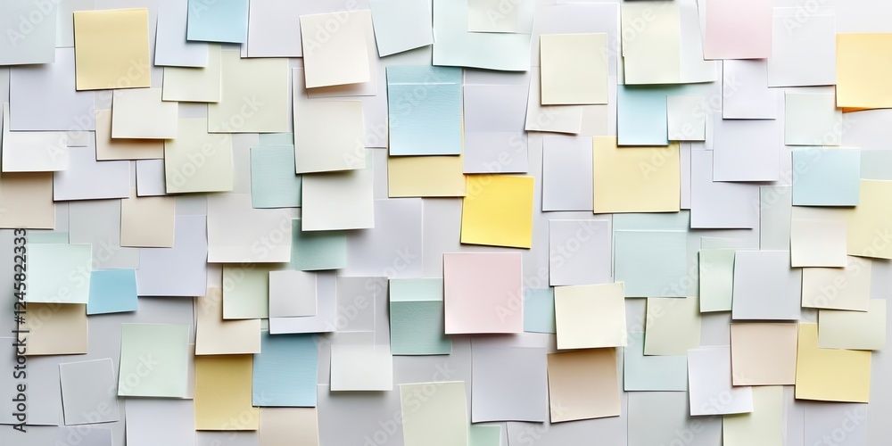 Poster Multicolored sticky notes in pastel shades arranged randomly on a clean white surface creating a vibrant and organized cluttered background
