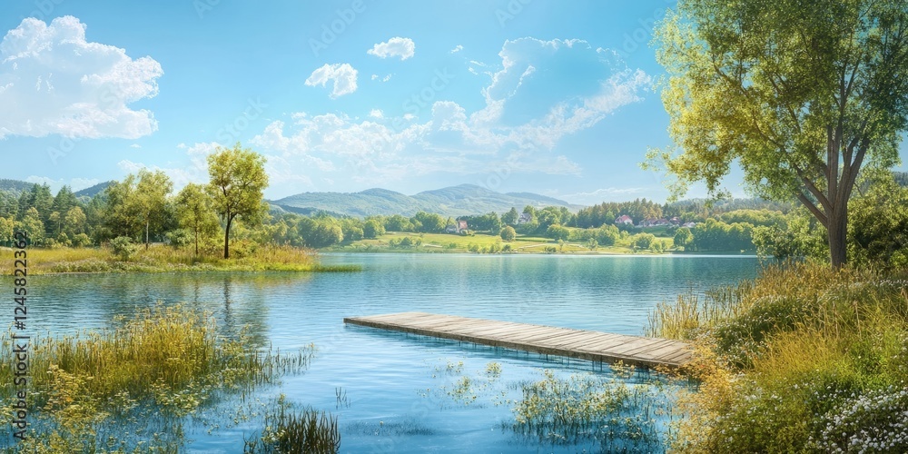 Aufkleber tranquil lake scene under a clear blue sky with lush green trees and a wooden dock reflecting on cal